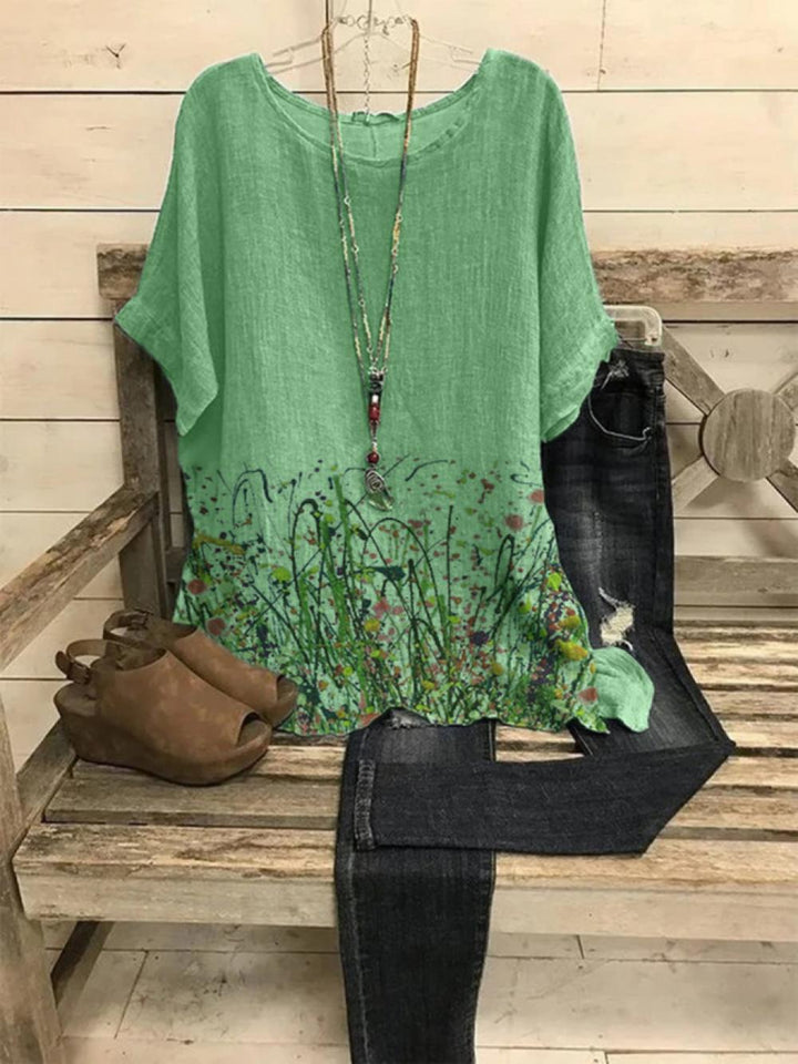 Comfysol Crew Neck Casual Floral Print Short Sleeve Blouse