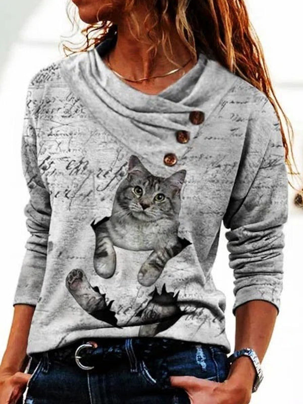 Comfysol Gray Cute Graphic Tops Round Neck Long Sleeve Cat Printed Sweatshirts