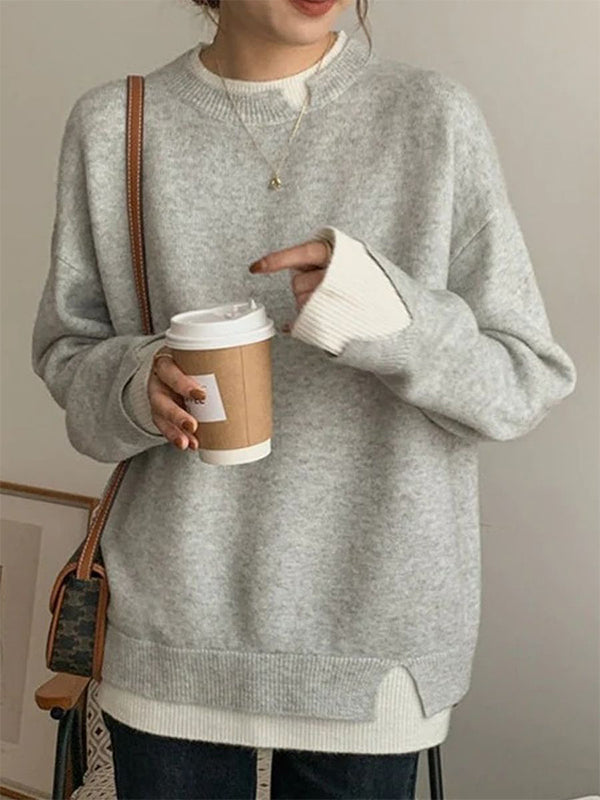 Comfysol Gray Casual Graphic Tops Round Neck Long Sleeve Solid Sweaters