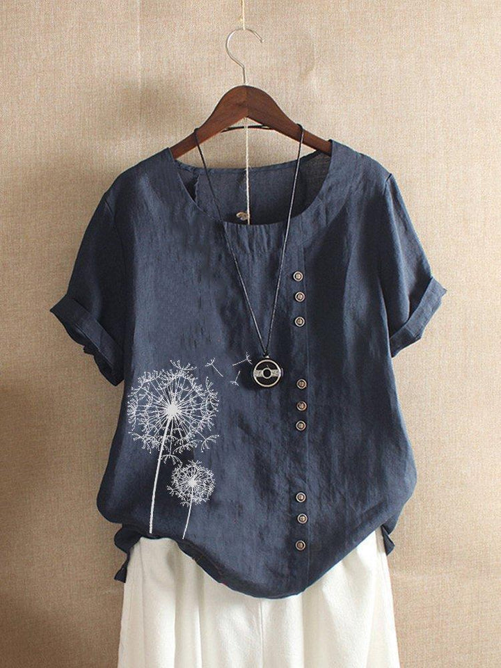 Comfysol Vintage Print Flower Short Sleeve Button Blouse