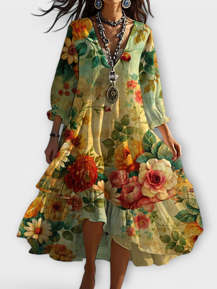 Bohemian Floral V-Neck Midi Dress – Elegant 3/4 Sleeve Summer Dress