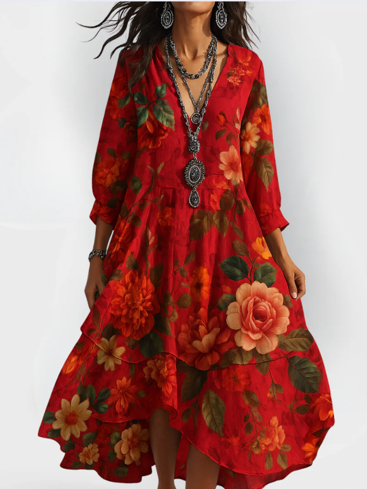Bohemian Floral V-Neck Midi Dress – Elegant 3/4 Sleeve Summer Dress
