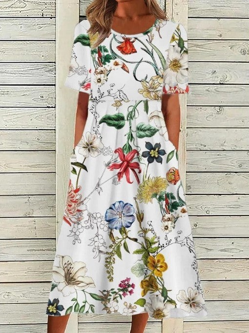 Elegant Floral Print Midi Dress – Casual Feminine Summer Dress