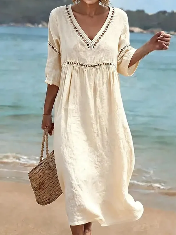 Elegant Lace V-Neck Maxi Dress – Openwork Half Sleeve Evening Dress