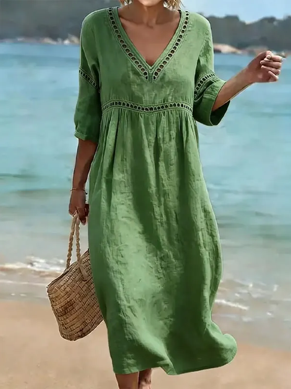 Elegant Lace V-Neck Maxi Dress – Openwork Half Sleeve Evening Dress