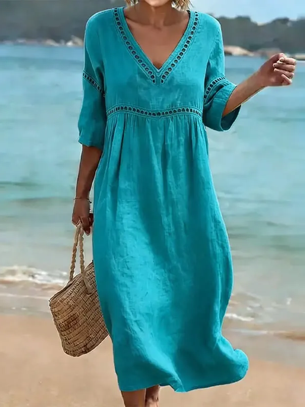 Elegant Lace V-Neck Maxi Dress – Openwork Half Sleeve Evening Dress