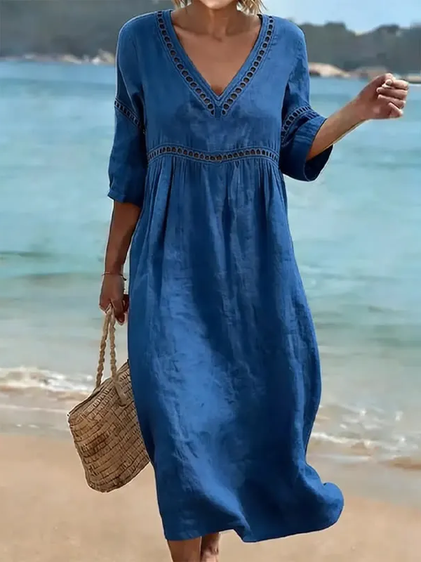 Elegant Lace V-Neck Maxi Dress – Openwork Half Sleeve Evening Dress