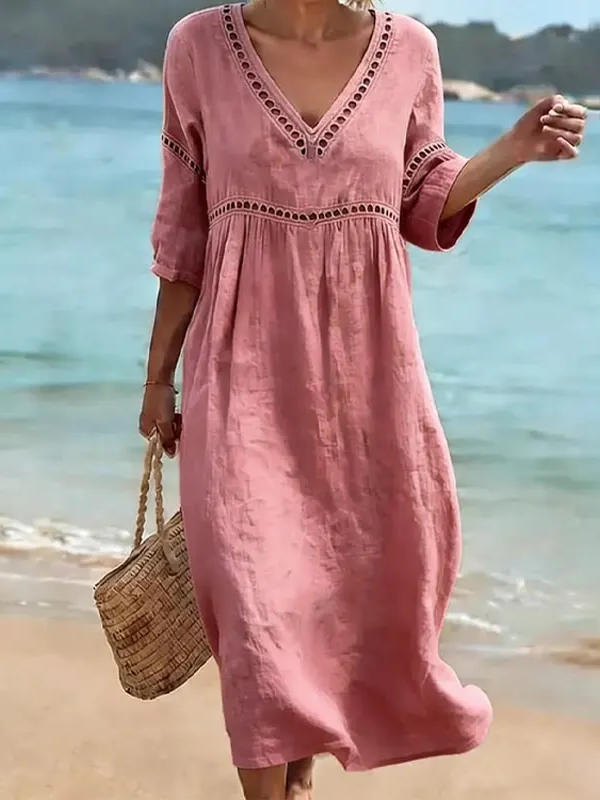 Elegant Lace V-Neck Maxi Dress – Openwork Half Sleeve Evening Dress