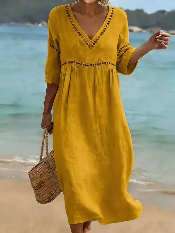 Elegant Lace V-Neck Maxi Dress – Openwork Half Sleeve Evening Dress
