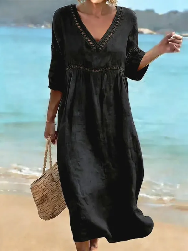 Elegant Lace V-Neck Maxi Dress – Openwork Half Sleeve Evening Dress