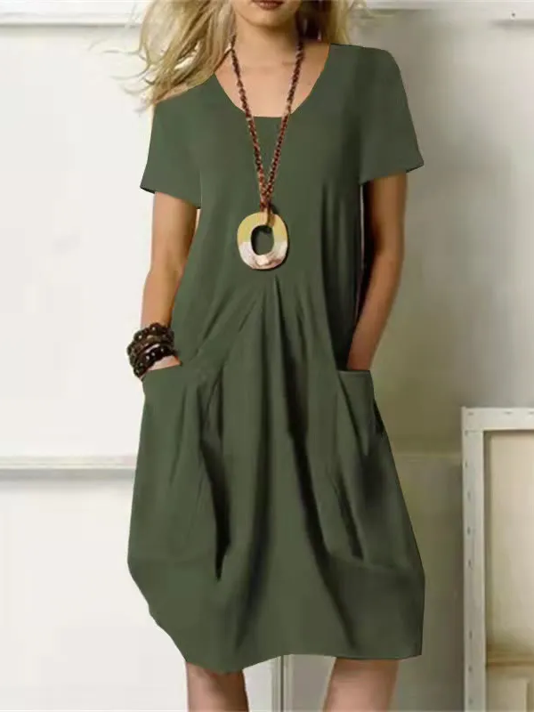 Casual Pocket Maxi Dress – Relaxed Crew Neck Beach Dress for Women