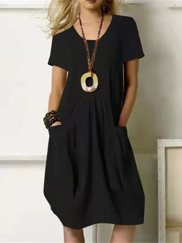 Casual Pocket Maxi Dress – Relaxed Crew Neck Beach Dress for Women