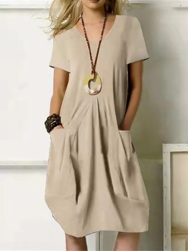Casual Pocket Maxi Dress – Relaxed Crew Neck Beach Dress for Women