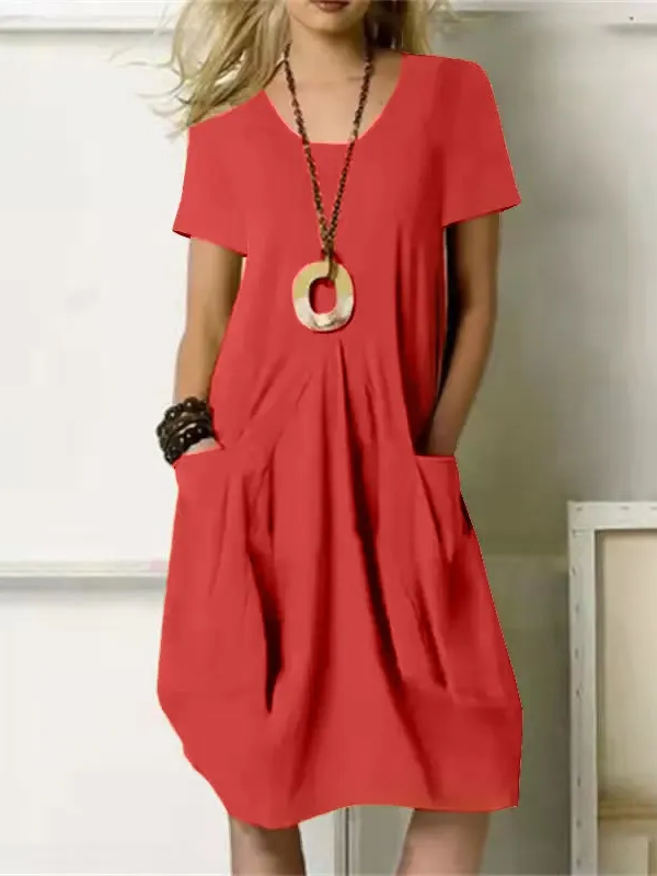 Casual Pocket Maxi Dress – Relaxed Crew Neck Beach Dress for Women