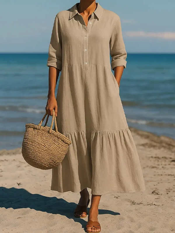 Elegant Button-Front Maxi Shirt Dress – Casual Beach Vacation Dress