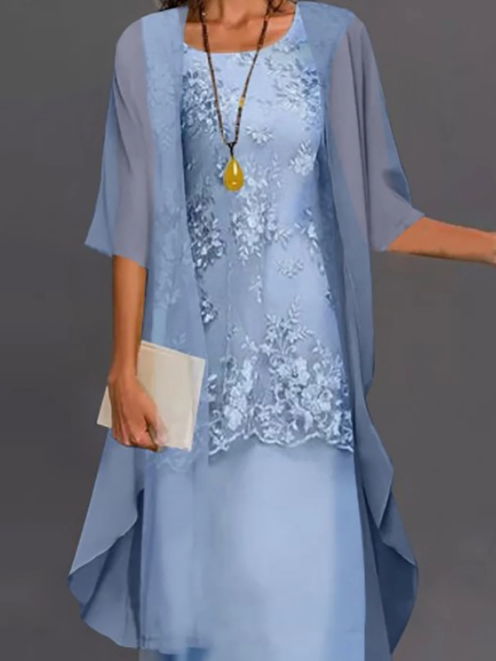 Elegant Lace Two-Piece Midi Dress Set – Chic Jacket & Dress Ensemble