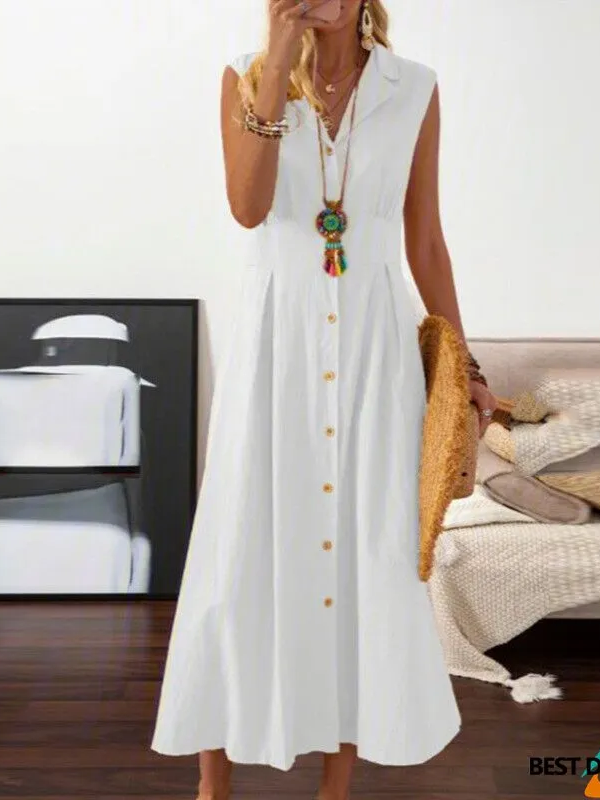 Elegant Pleated V-Neck Midi Dress – Button Front Office & Casual Dress