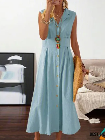 Elegant Pleated V-Neck Midi Dress – Button Front Office & Casual Dress