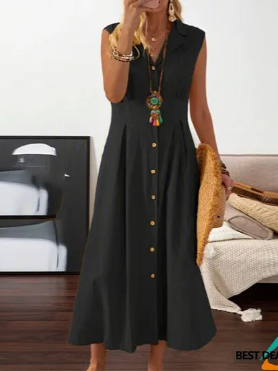 Elegant Pleated V-Neck Midi Dress – Button Front Office & Casual Dress