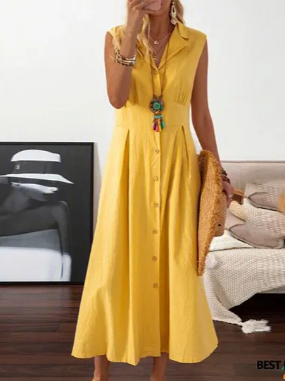 Elegant Pleated V-Neck Midi Dress – Button Front Office & Casual Dress