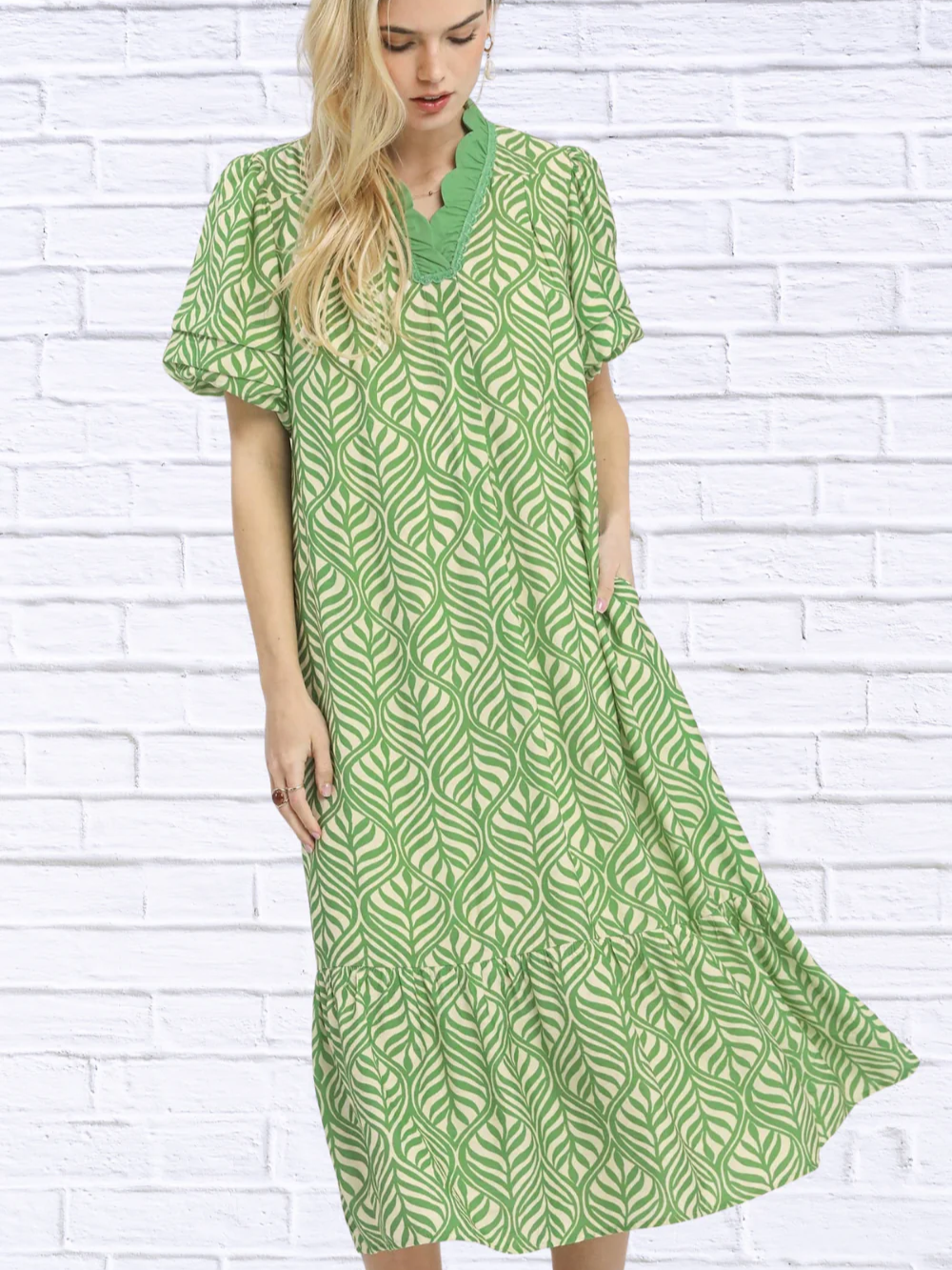 Elegant Leaf Print Ruffle Neck Midi Dress – Boho Feminine Summer Dress