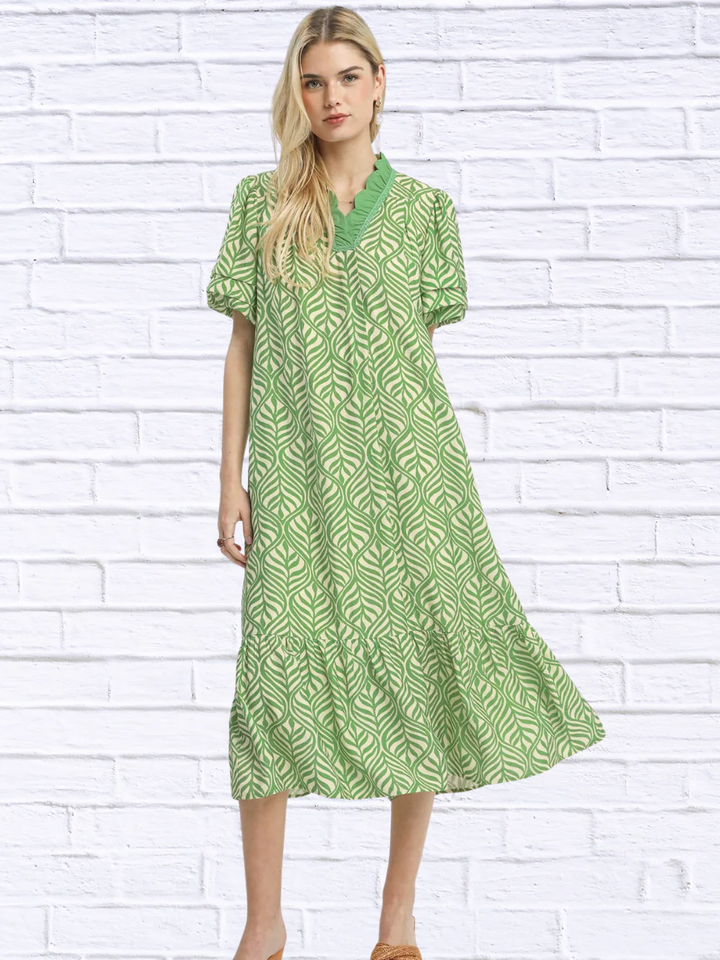 Elegant Leaf Print Ruffle Neck Midi Dress – Boho Feminine Summer Dress