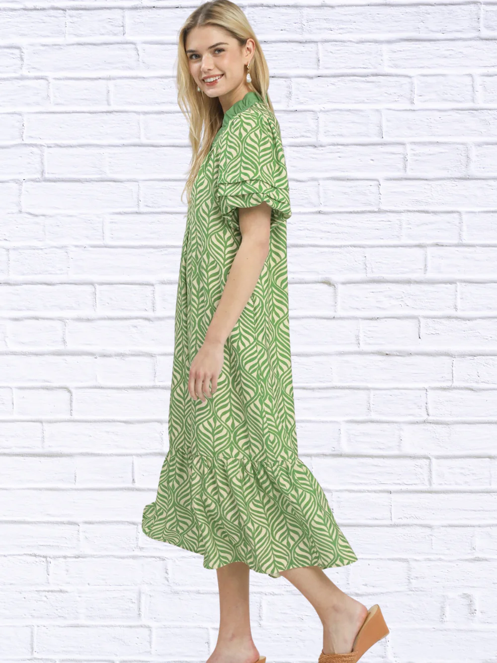 Elegant Leaf Print Ruffle Neck Midi Dress – Boho Feminine Summer Dress