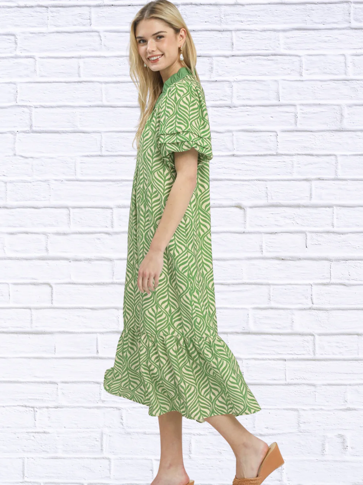 Elegant Leaf Print Ruffle Neck Midi Dress – Boho Feminine Summer Dress