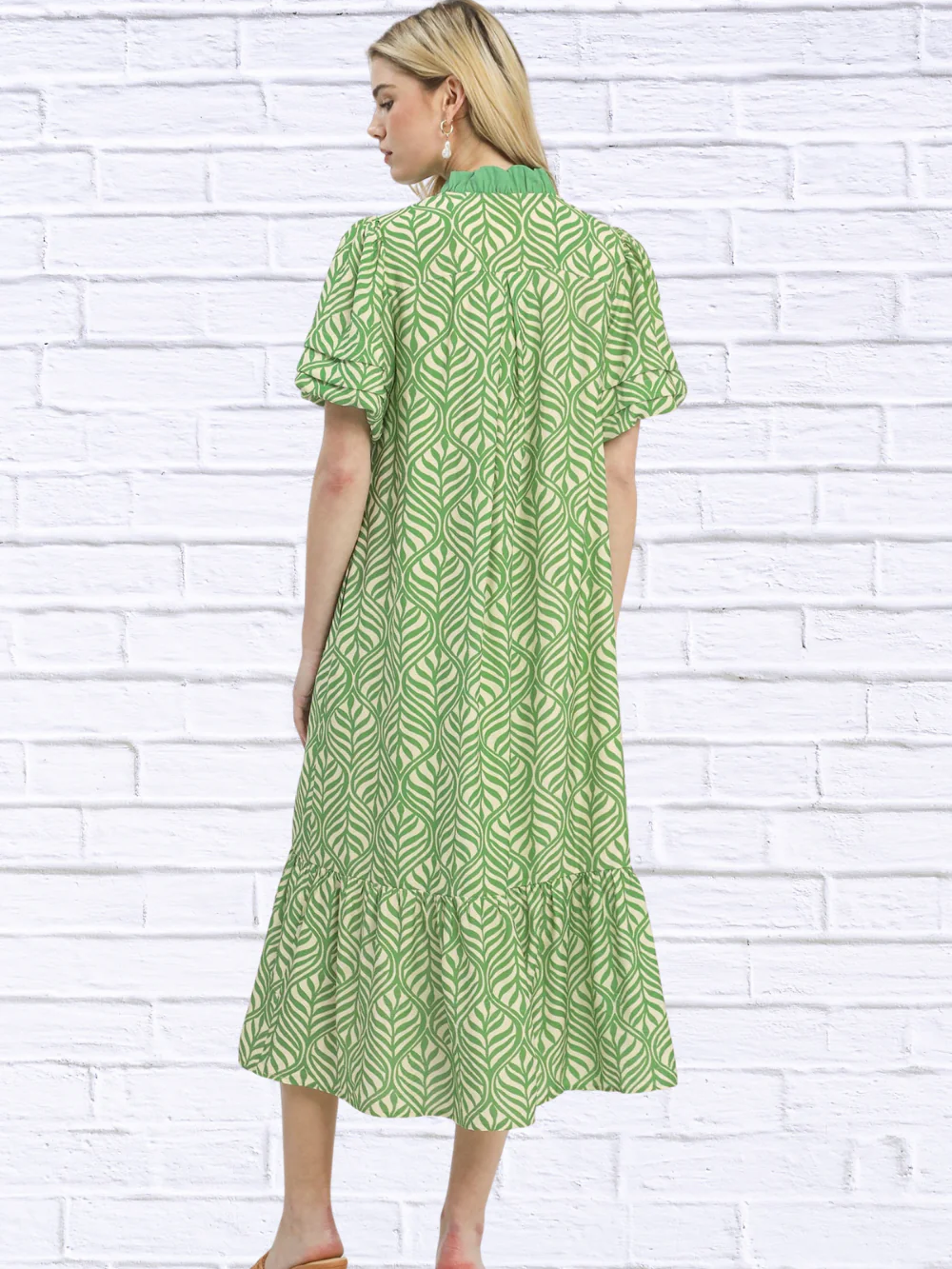 Elegant Leaf Print Ruffle Neck Midi Dress – Boho Feminine Summer Dress