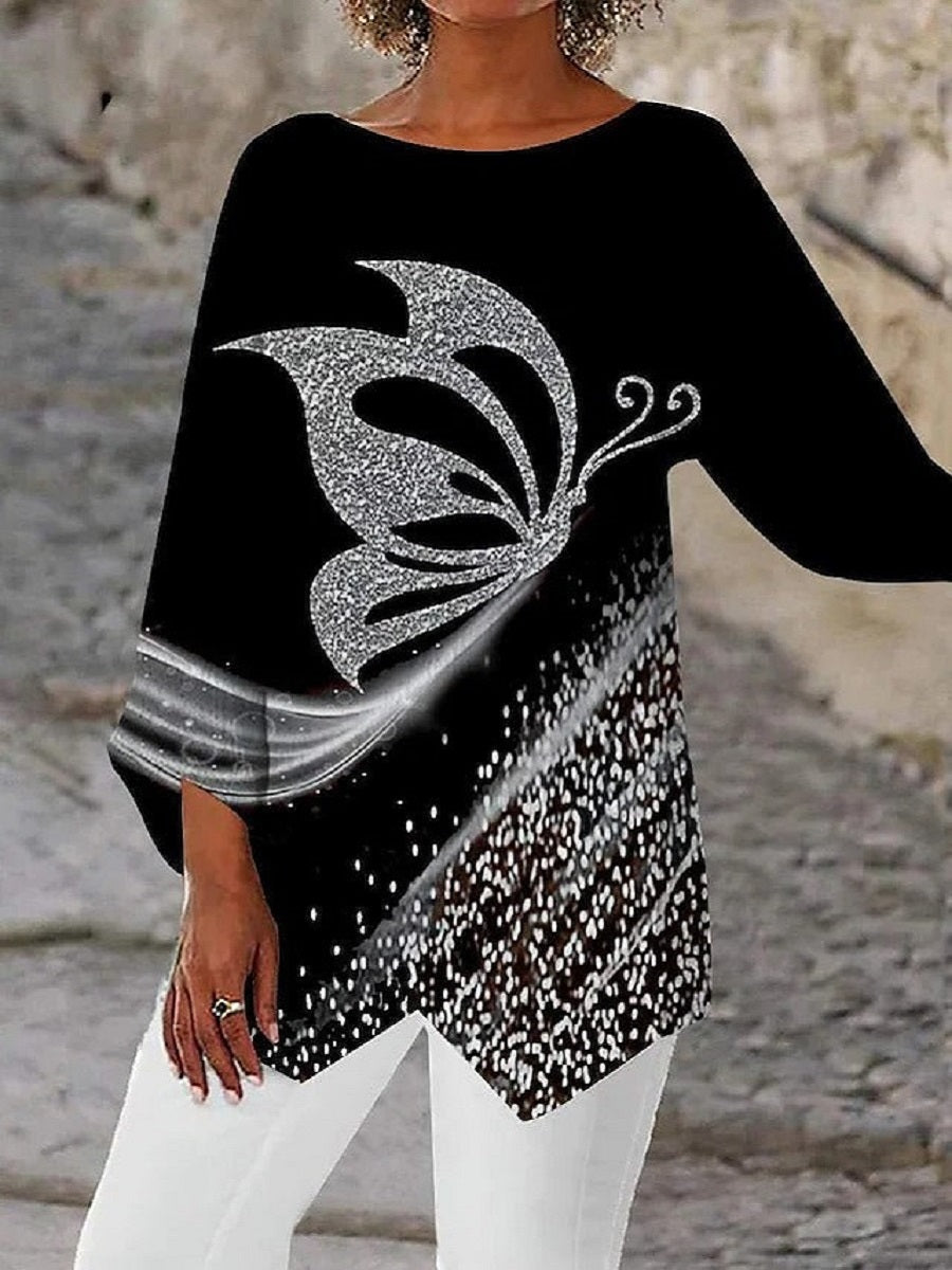 Comfysol Black Casual Graphic Tops Round Neck Butterfly Printed Long Sleeve Blouse