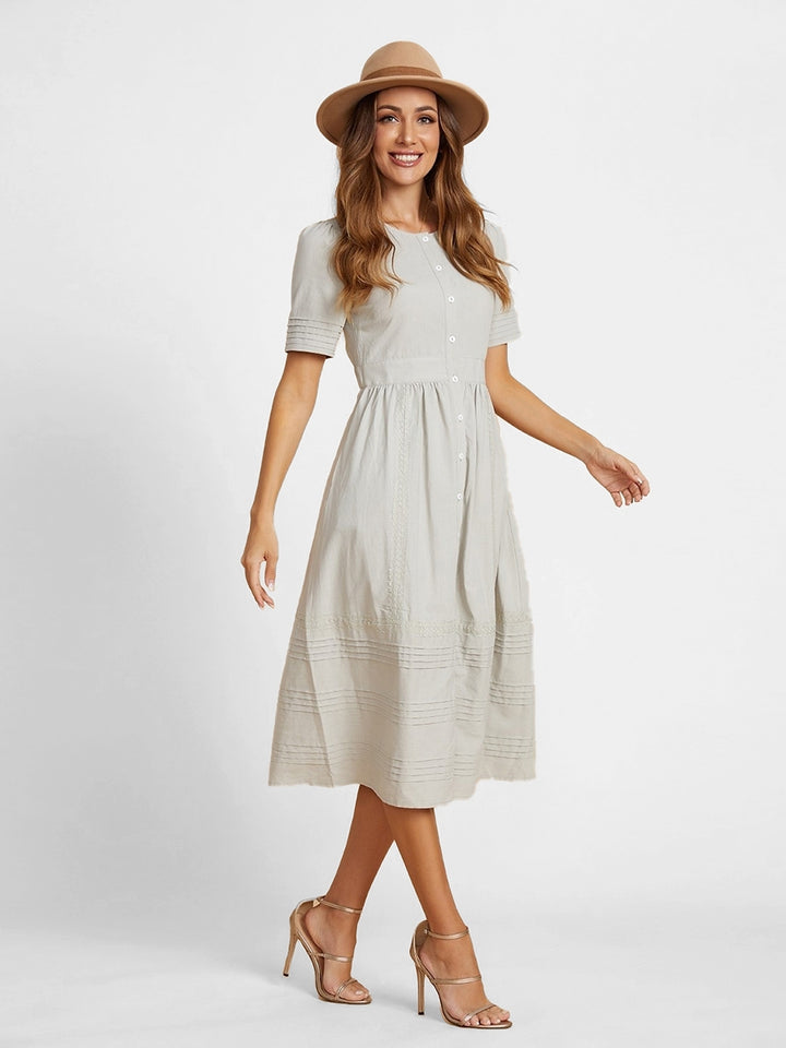 Comfysol Solid Buttons Round Neck Sage Short Sleeve Maxi Dress