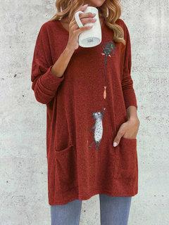 Comfysol Cartoon Cat Print Pockets Long Sleeve Loose Blouse