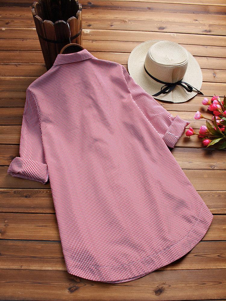 Comfysol Casual Plaid Print Side Buttons Irregular Long Sleeve Blouse