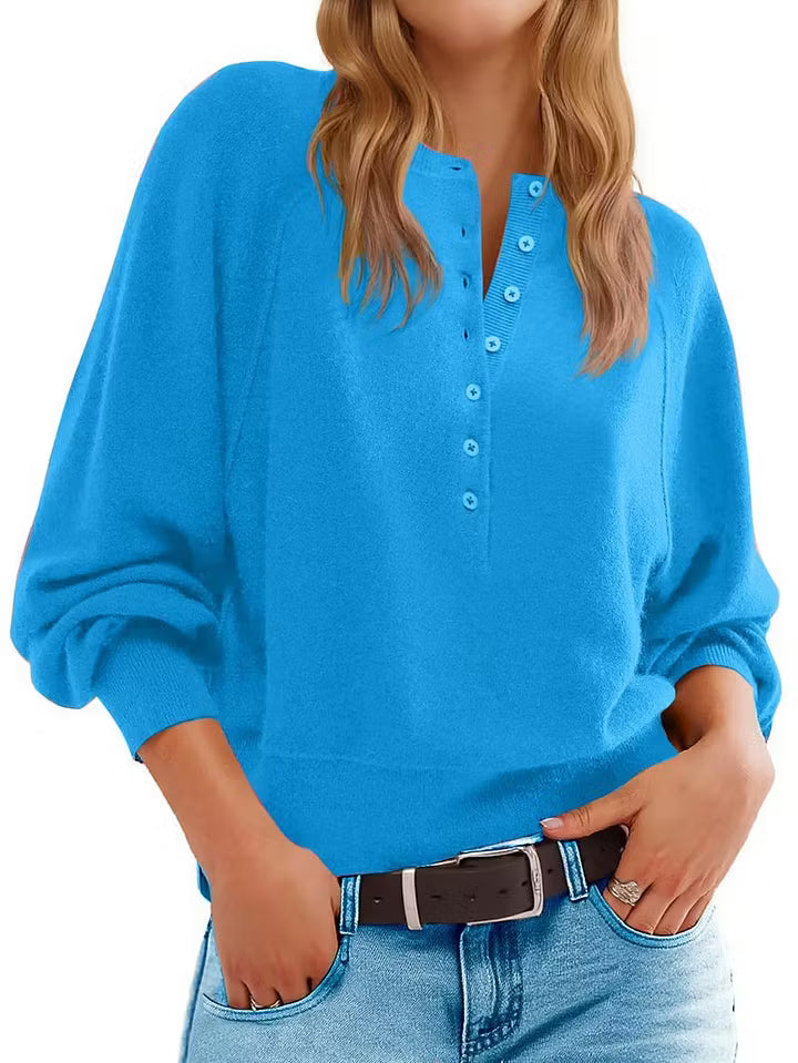Womens Henley Button Fall Long Sleeve Loose Knit Pullover Top