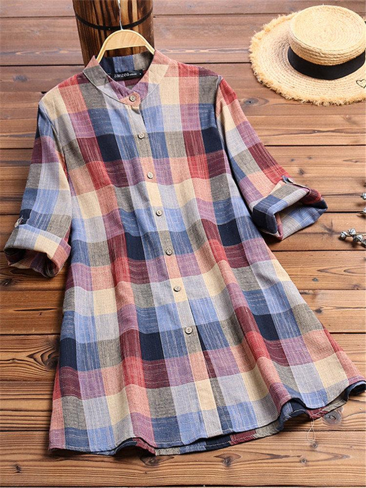 Comfysol Vintage Print Plaid Multicolor Long Sleeve Button Blouse