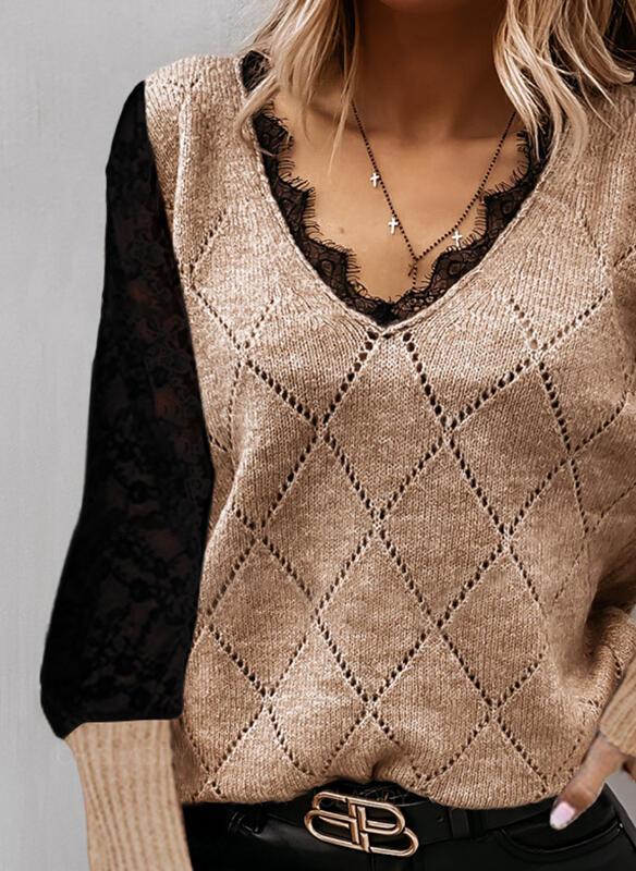 Comfysol Color Block Lace V-Neck Casual Sweaters