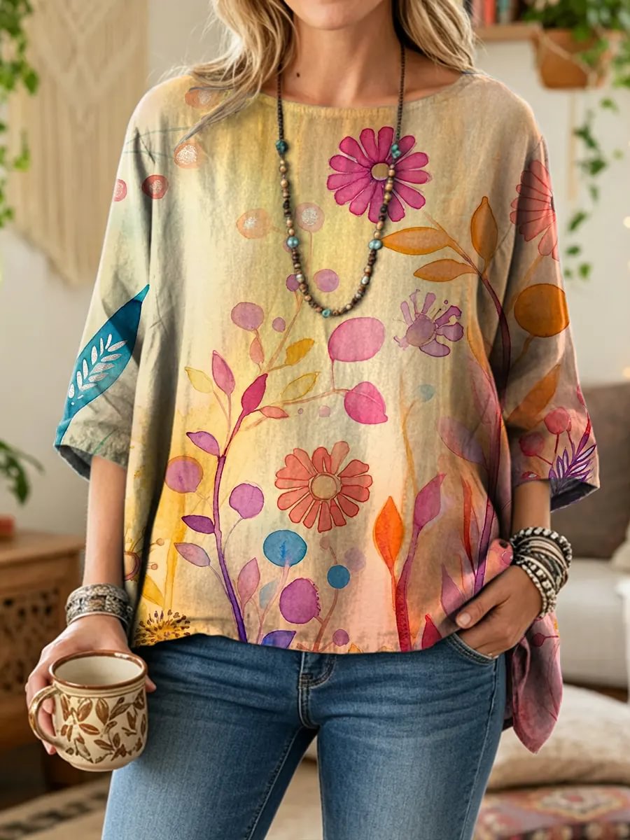 Ethnicity Watercolor Flowers Women's Art Print Casual 3/4 Sleeve Cotton Top