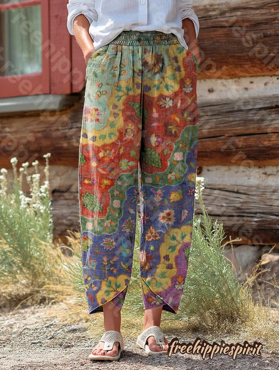 Women's Colorful Ethnic Totem Collage Art Printed Cotton Linen Casual Pants