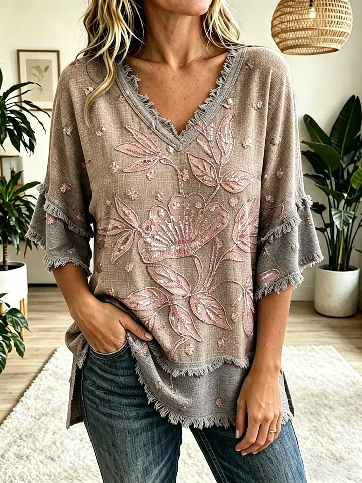 Women's Vintage Folk Floral Art Print V-Neck Tasseled Cotton Top