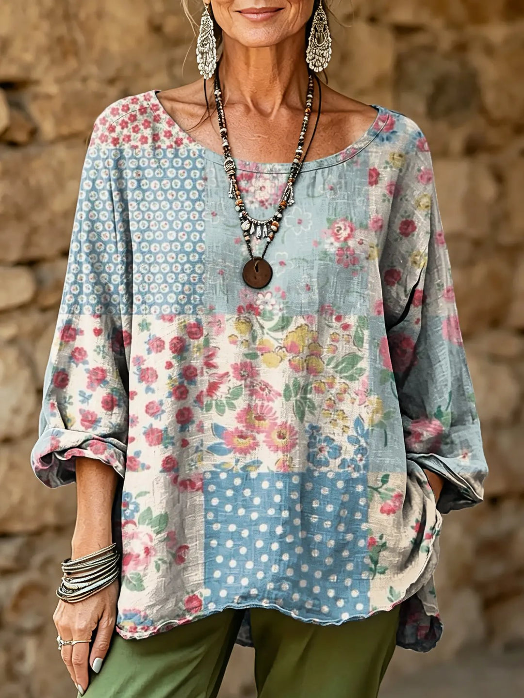 Women's Spliced Retro Floral Art Print Casual Fashion Top