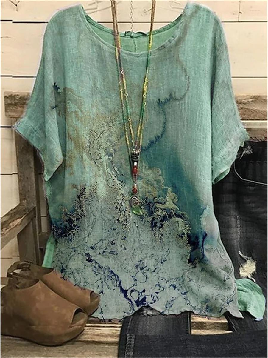 Comfysol Green Casual Graphic Tops Round Neck Printed Short Sleeve Blouse