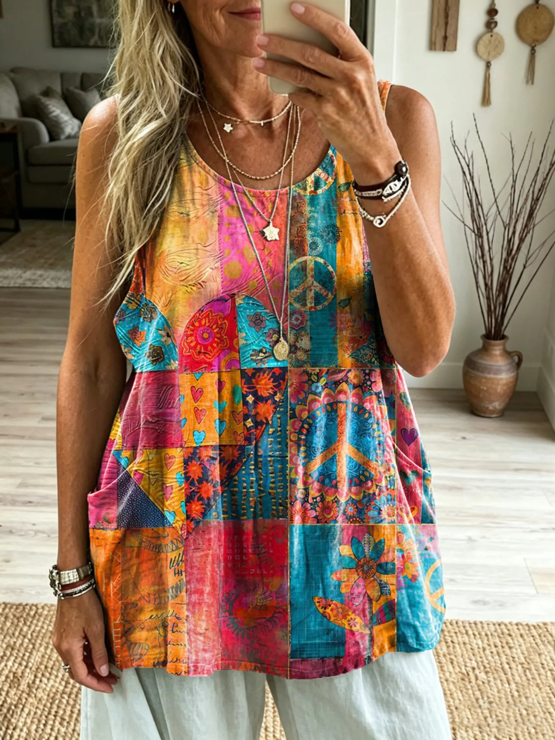 Women's Boho Patchwork Peace Floral Print Sleeveless Tank Top