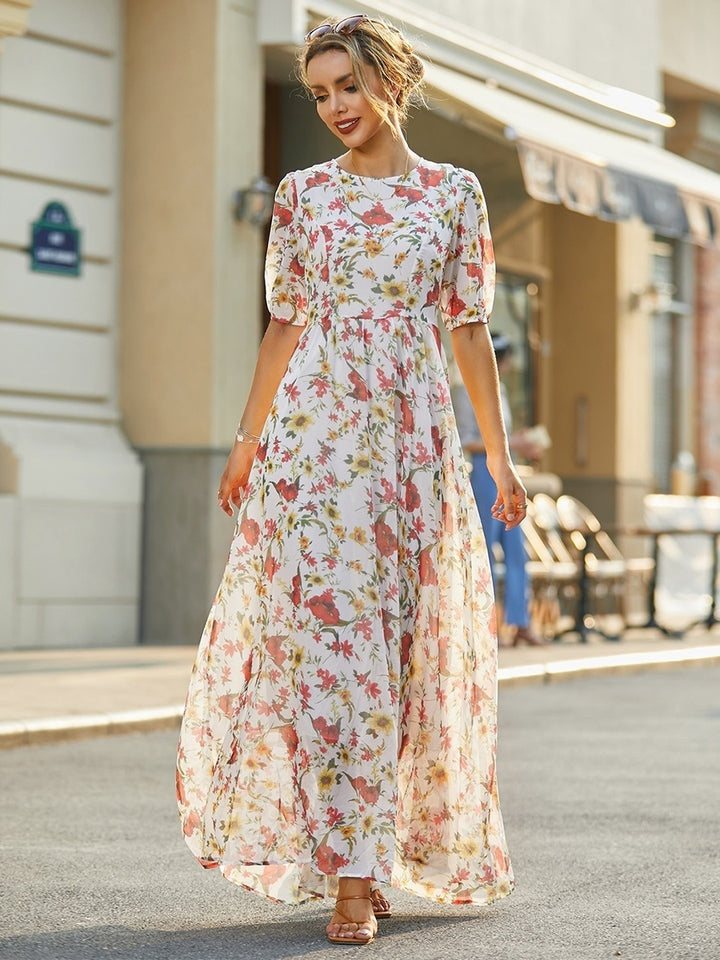 Comfysol Round Neck Half Sleeve Chiffon Floral Maxi Dress