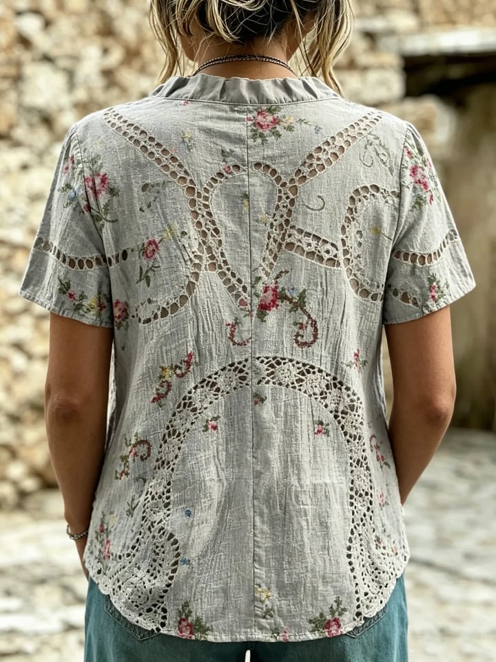 Women's Lace Rose Art Print Ruffled V-Neck Short-Sleeve Top
