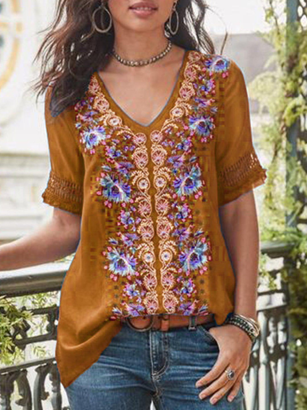 Comfysol Casual Short Sleeve Patchwork V-neck Blouse