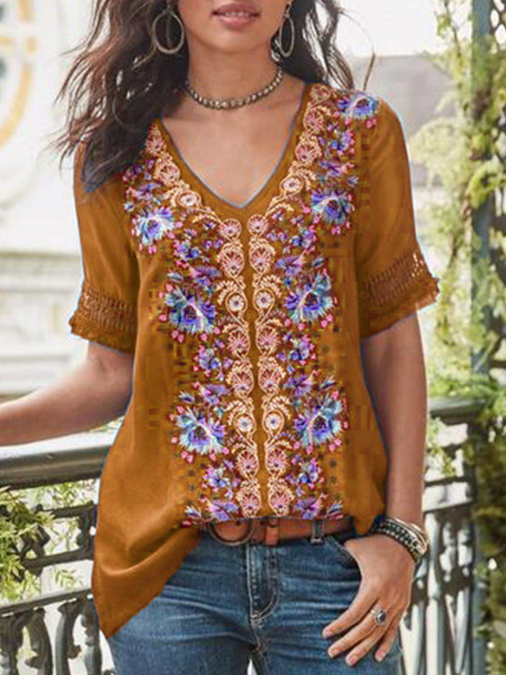 Comfysol Casual Short Sleeve Patchwork V-neck Blouse