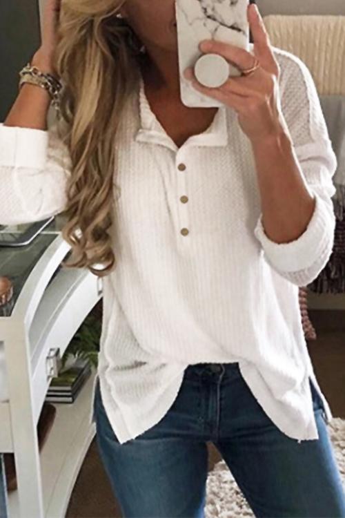 Comfysol Solid Color Buttons Casual V-neck Long Sleeve T-shirt