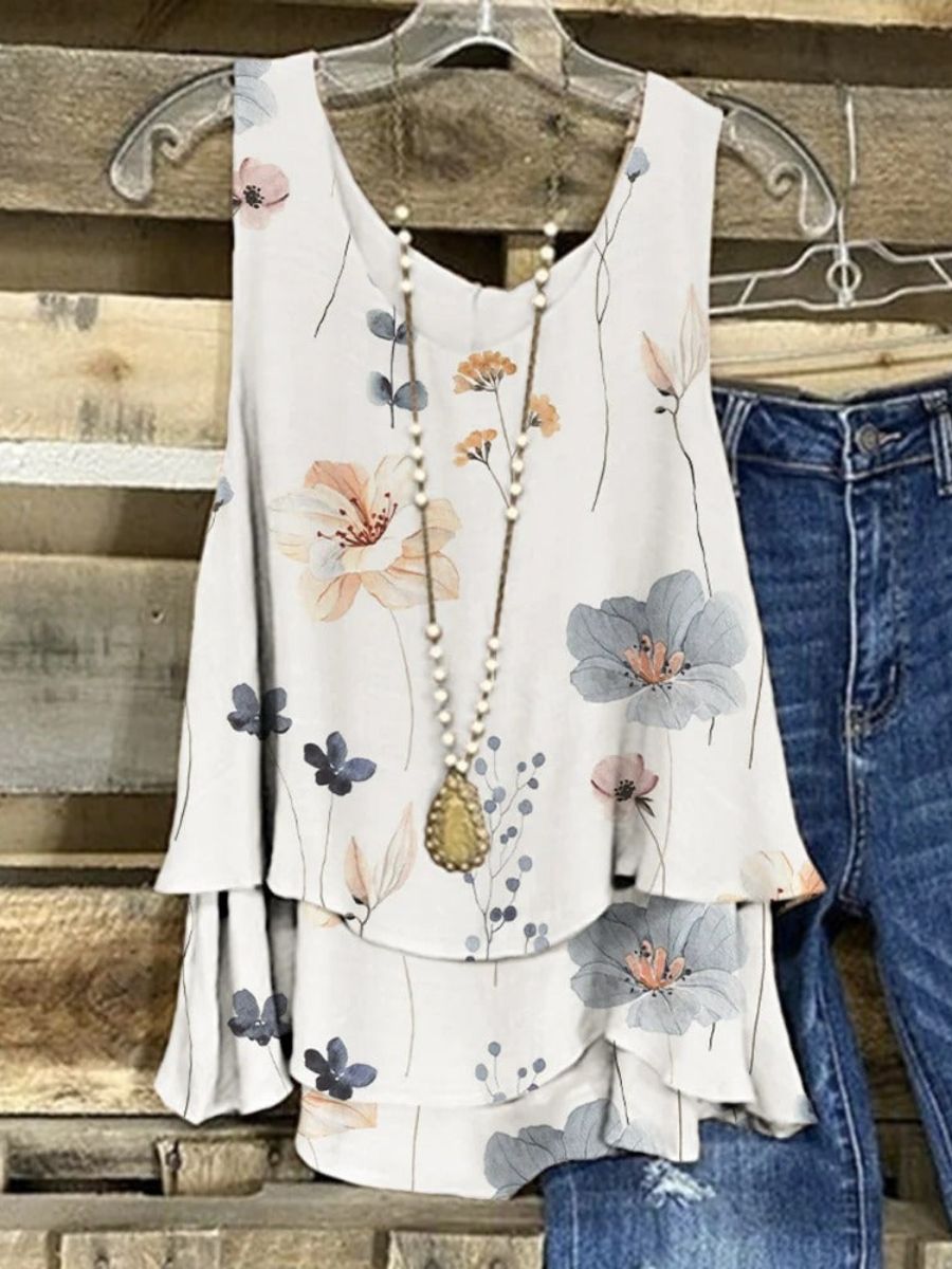 Comfysol White Casual Round Neck Floral Printed Sleeveless Tank