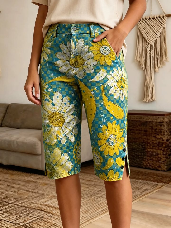 Women's Daisy Checkerboard Print Boho Denim Shorts