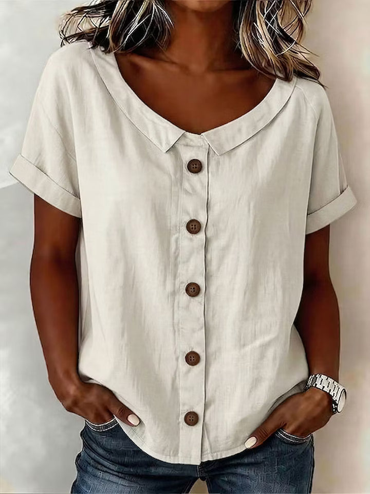 Women's Solid-color Round-neck Short-sleeve Casual Loose Cotton-linen Cardigan
